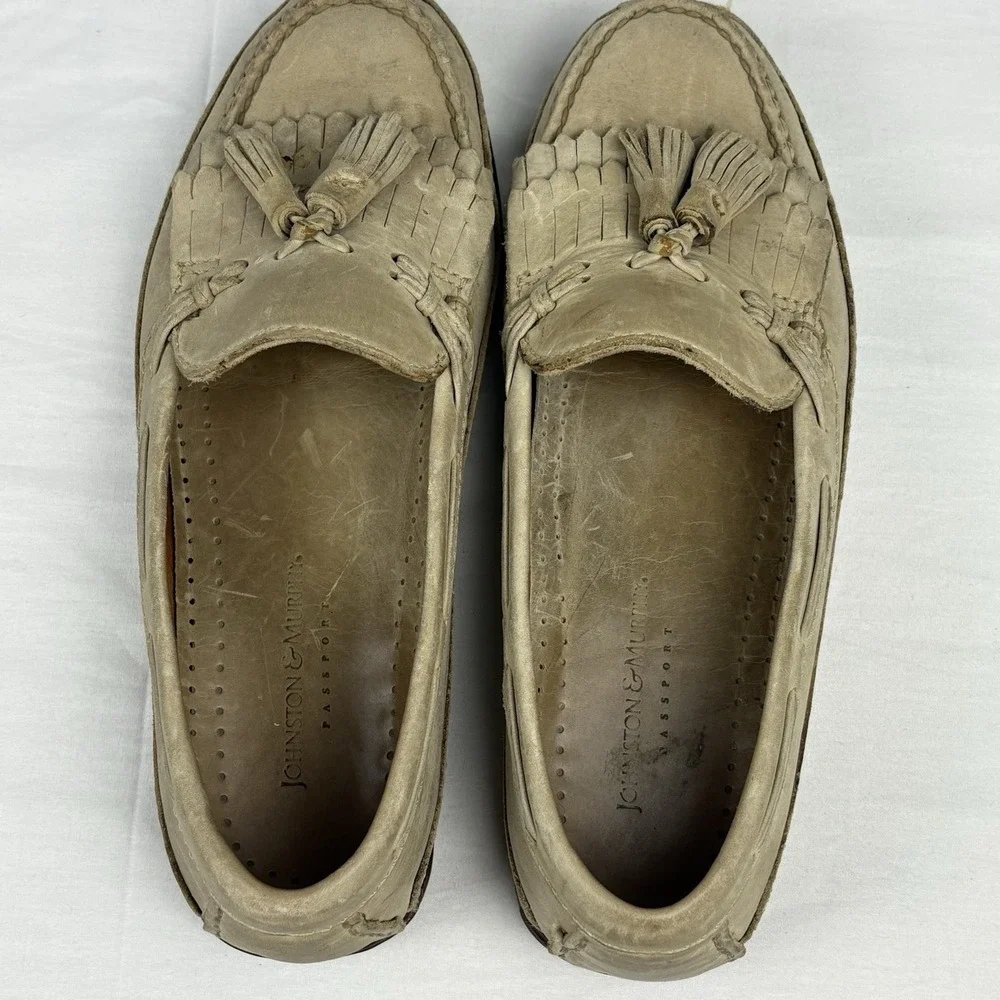 Johnston Murphy Passport Beige Leather Tassel Kiltie Loafers 9M Brazil EUC